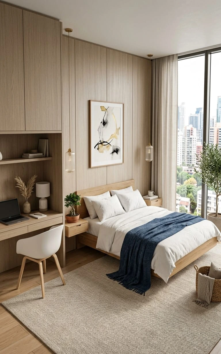 Modern Minimalist Bedroom with Built-In Workspace and City Views